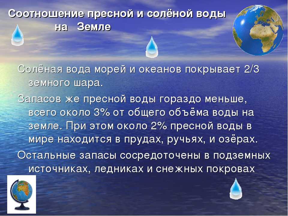 Что находится в воде ответ. Соотношение пресной и соленой воды на земле. Пресная вода на земле. Соотношение морской и пресной воды. Пресная вода и соленая вода.