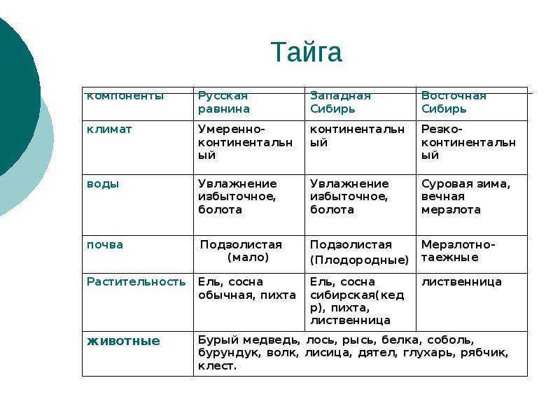 Характеристика зон план. Таблица по географии 8 класс Лесные зоны России таблица. Тайга характеристика природной зоны таблица. Природные зоны России таблица 8 класс география леса. Особенности природной зоны тайги.