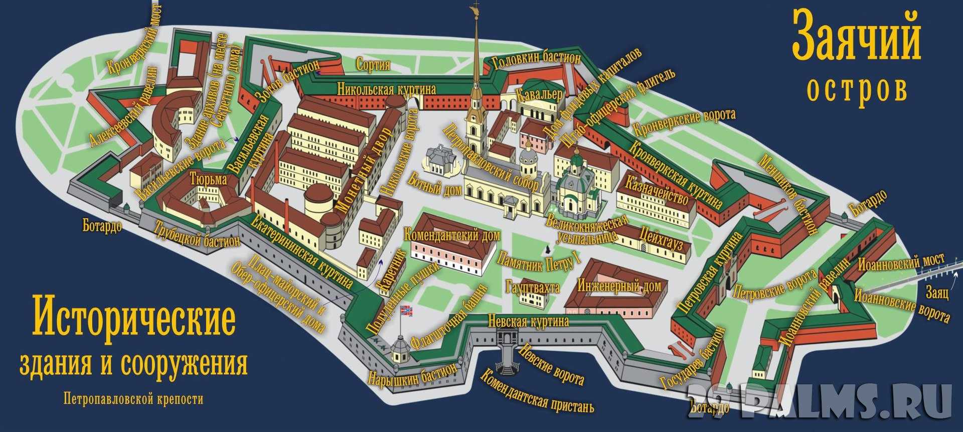 История, фотографии и описание бастионов, равелин, ворот и достопримечательностей Петропавловской крепости в Питере